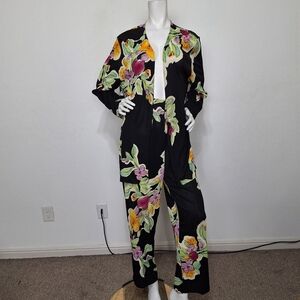 Regal Vintage Black Multicolor Floral Tropical Cottagecore Top and Pants Size XL